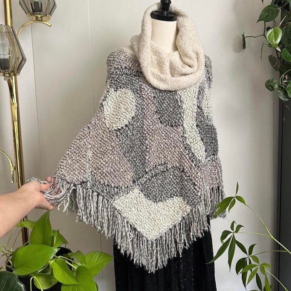 INC International Concepts Grey White Fringe Poncho Turtleneck Wool Blend SM
